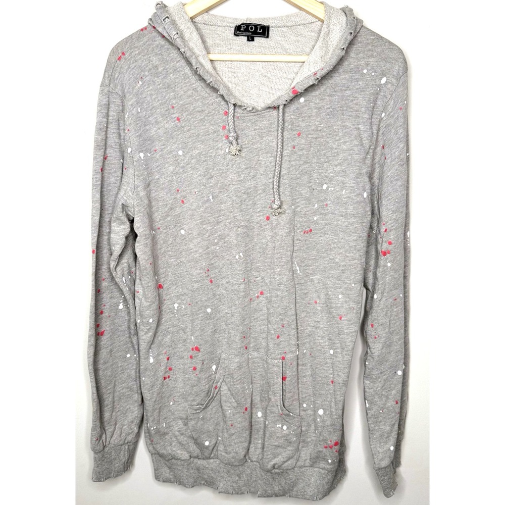 POL Clothing‎ Distressed Paint Splatter Front Pocket Hoodie Gray Women's Large
